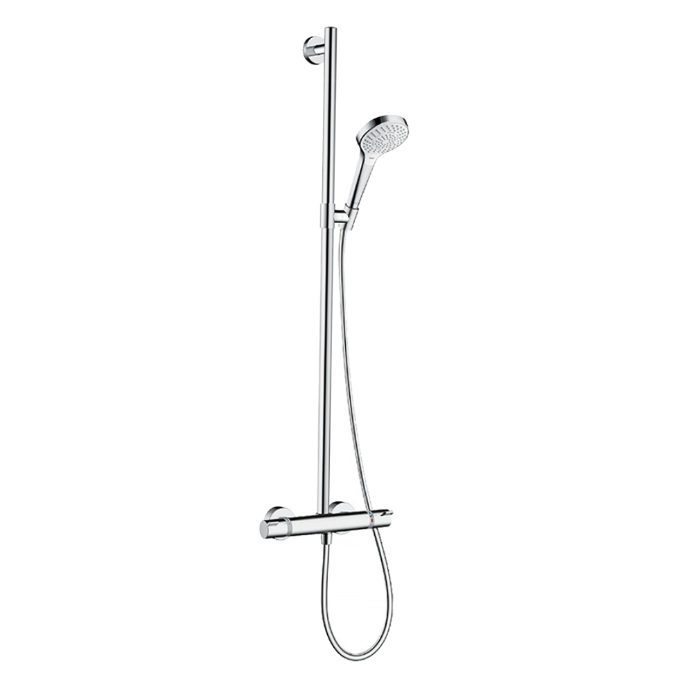 Hansgrohe Croma Select S Multi EcoSmart: Exposed Shower Pipe Complete with Thermostatic Mixer, White/CP #27249400