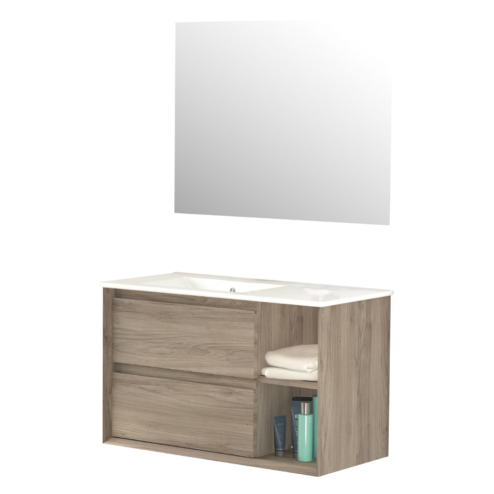 Coycama Hole Bathroom Furn Set: 1 Hole Cabinet,100cm +1 Onix Basin; Left, 100cm + 1 Moon Mirror, (68x100)cm, Grey Pine