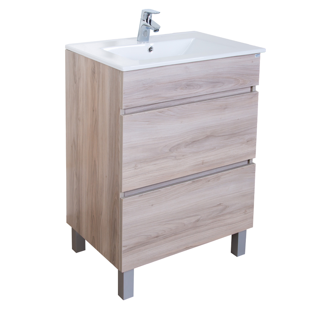 Bathroom Furniture Set: 1 Cabinet, 2 Drawers + 1 Ceramic Basin, 60cm, Grey Pine