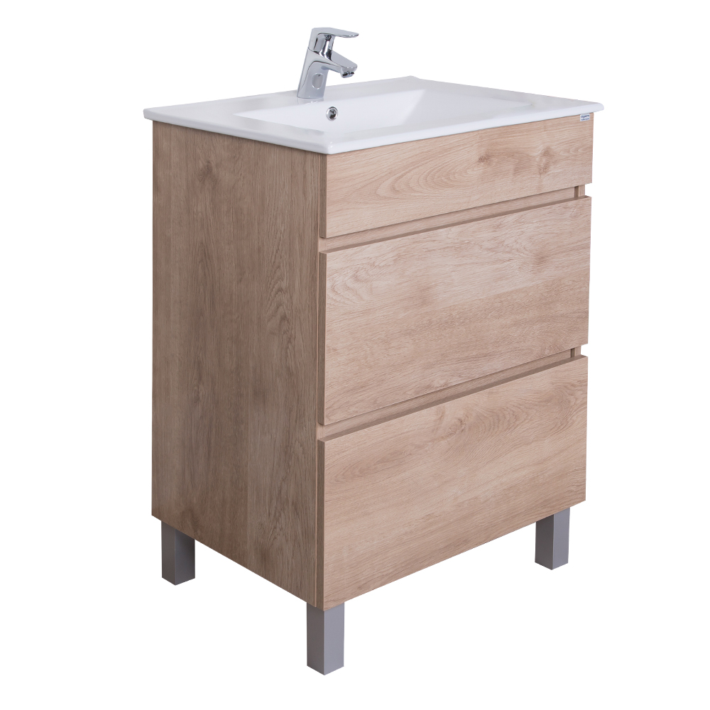Bathroom Furniture Set: 1 Cabinet, 2 Drawers + 1 Ceramic Basin, 60cm, Natural Oak