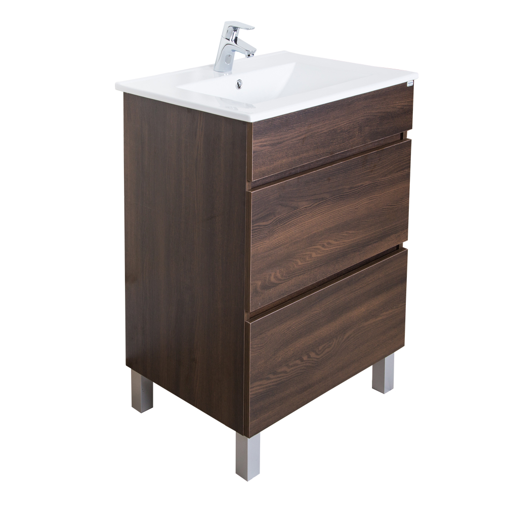 Bathroom Furniture Set: 1 Cabinet, 2 Drawers + 1 Ceramic Basin, 60cm, Wenge Natural