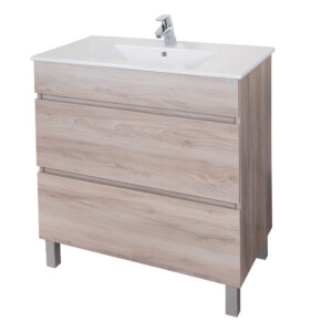 Bathroom Furniture Set: 1 Cabinet, 2 Drawers + 1 Ceramic Basin, 80cm, Grey Pine