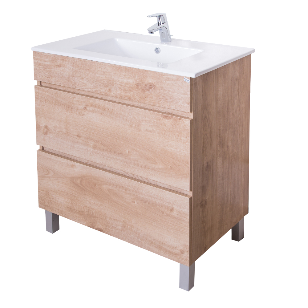 Bathroom Furniture Set: 1 Cabinet, 2 Drawers + 1 Ceramic Basin, 80cm, Natural Oak