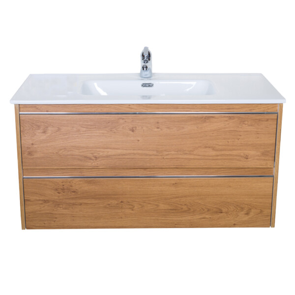 Norinco: Bathroom Furniture Set: Vanity Cabinet 2-Drawers (1000mm); Natural Walnut + Ceramic Basin; White Glossy: #D-1000VD-T