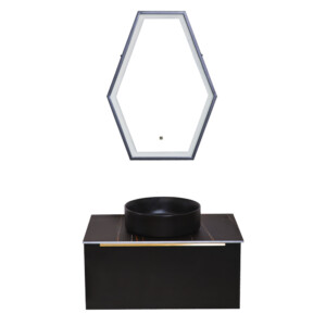 Yabiya: Bathroom Furniture Set: Vanity Cabinet + Mirror With Lights + Rock Board Top + Ceramic Basin; 80x55cm Ref.YB-8863