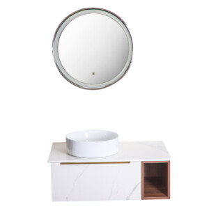 Yabiya: Bathroom Furniture Set: Vanity Cabinet + Mirror With Lights + Rock Board Top + Ceramic Basin; 90x50cm Ref.YB-8864