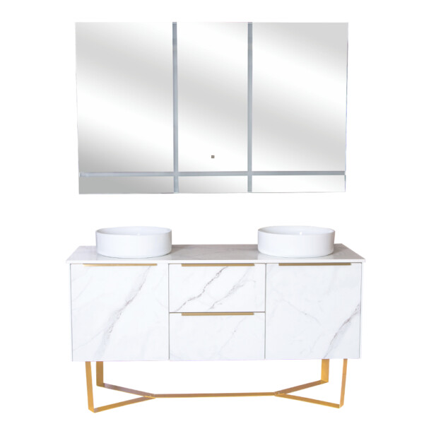 Yabiya: Bathroom Furniture Set: Vanity Cabinet + Mirror With Lights + Rock Board Top +2 Ceramic Basins; 150x56cm Ref.YB-8853