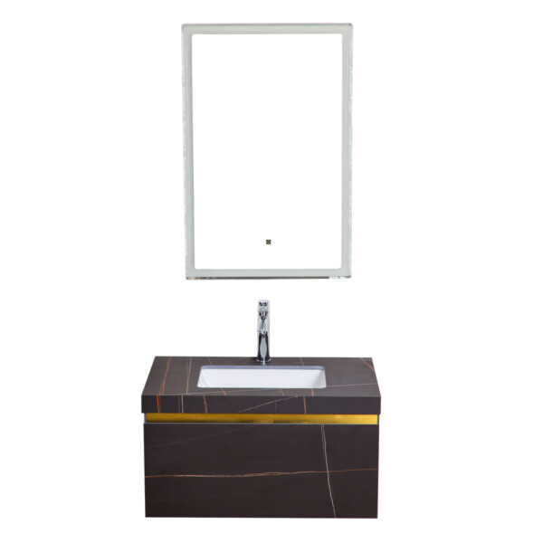 Yabiya: Bathroom Furniture Set: Vanity Cabinet + Mirror With Lights + Rock Board Top + Ceramic Basin; Ref.YB-8865