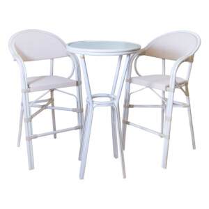 Round Bar Table (Glass Top) + 2 Bar Chairs, Grey/White Wash
