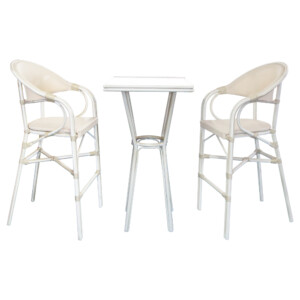 Square Bar Table; 60x60x110cm (Glass Top) + 2 Bar Chairs, Grey/White Wash
