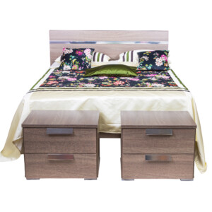 LINDEN: Wood Bed + 2 Night Stands, 150x190cm #NS01103/NS02001