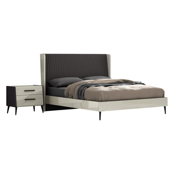 Queen Bed (153 x 203)cm + 2 Night Stands, Grey Lacquer/Matt Black