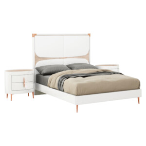 Queen Bed (153 x 203)cm + 2 Night Stands, White/Beige Angley