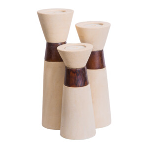 Candle Holder: Tall Stone/ Wood, White; 3pc Set Ref. ST-08-AN
