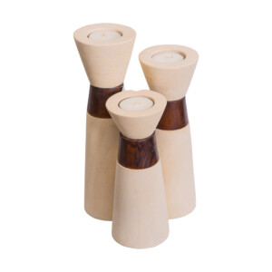 Candle Holder: Tall Stone/ Wood, White; 3pc Set Ref. ST-08-AN