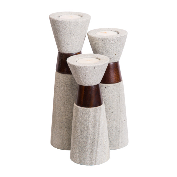 Candle Holder: Tall Stone/ Wood; 3pc Set Ref. ST-09-AN
