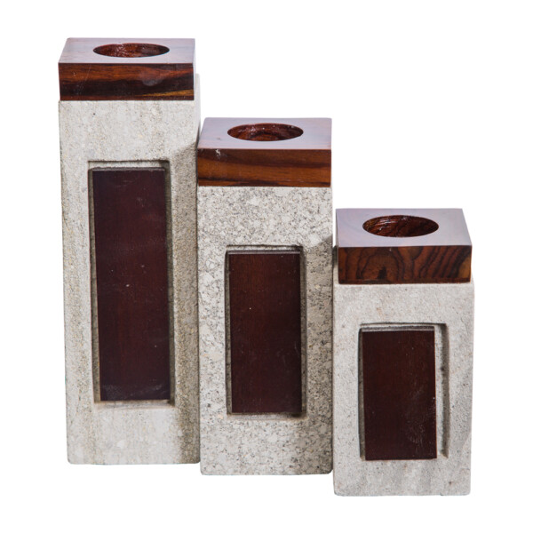 Candle Holder: Square Stone/ Wood; 3pc Set Ref. ST-11