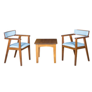 End Table- Wood Top (56x56x51)cm + 2 Dining Arm Chairs (55x53x76)cm, Blue/Walnut