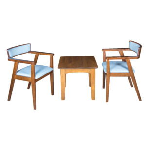 End Table- Wood Top (56x56x51)cm + 2 Dining Arm Chairs (55x53x76)cm, Blue/Walnut