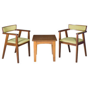 End Table- Wood Top (56x56x51)cm + 2 Dining Arm Chairs (55x53x76)cm, Green/Walnut