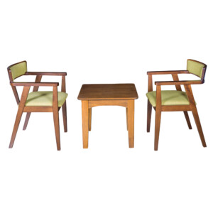 End Table- Wood Top (56x56x51)cm + 2 Dining Arm Chairs (55x53x76)cm, Green/Walnut