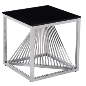 Glass Top Side Table (49x49x51)cm, Silver/Black