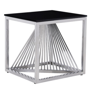 Glass Top Side Table (49x49x51)cm, Silver/Black
