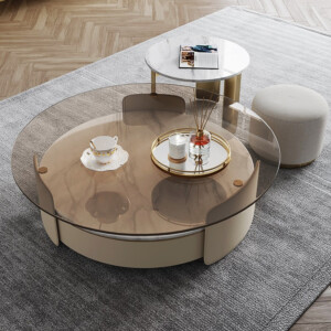 Round Coffee Table (Glasstop): (100x30)cm, Light Khaki