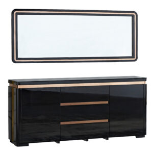 Dining Cabinet + Wall Mirror, Glossy Black/Rose Gold
