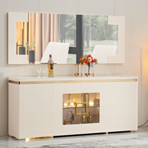 Dining Cabinet, (180x40x80)cm + Wall Mirror, (180x2.5x70)cm, Glossy Beige/Rose Gold