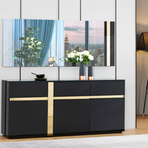 Dining Cabinet, (180x40x80)cm + Wall Mirror, (180x2.5x70)cm, Glossy Black/ Rose Gold