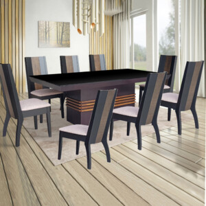 Dining Table-Glass Top (213x106)cm + 8 Bali Side Chairs, Light Wenge