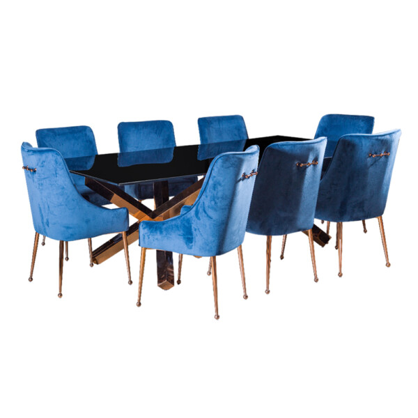 Glass Top Dining Table (240x120x75)cm + 8 Side Chairs, Rose Gold/Blue