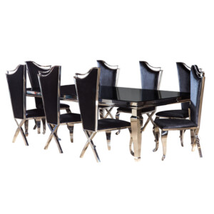 Glass Top Dining Table (244x122x75)cm + 8 Side Chairs, Silver/Black