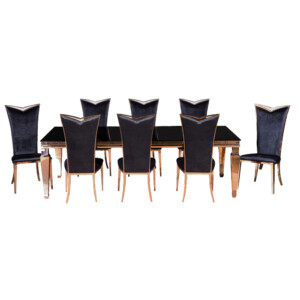 Glass Top Dining Table (244x122x75)cm+ 8 Side Chairs, Rose Gold/Black