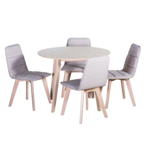 Round Dining Table- Wood Top (100x74)cm + 4 Side Chairs (47x53x85)cm, Grey/White