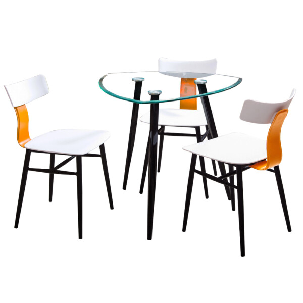 Dining Table (80x73)cm, Glass Top + 3 Fabric Side Chairs, White/Black