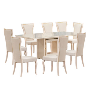 Dining Table, (200x100)cm + 8 Side Chairs, GoldBeige/RoseGold/Beige