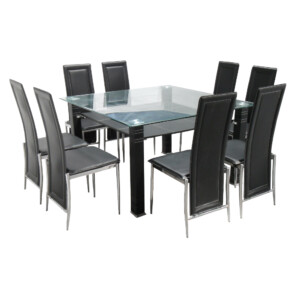 Dining Table (1.3M) GlassTop + 8 Side Chairs: Black