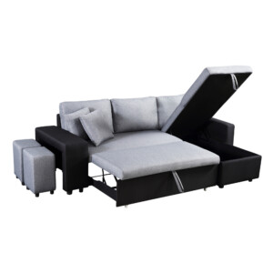 Fabric L-Shaped Sofa + Chaise + Drawer Bed + Storage + 2 Ottoman: (236x146x85)cm, Black/Grey