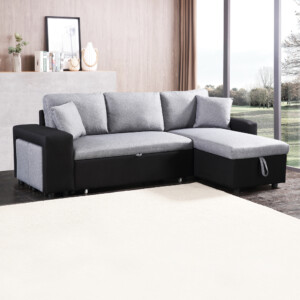 Fabric L-Shaped Sofa + Chaise + Drawer Bed + Storage + 2 Ottoman: (236x146x85)cm, Black/Grey