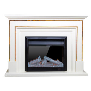 Decorative Fire Place + Heater: (150x32x110)cm, IvoryWhite/Gold