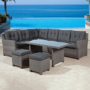 Garden Furniture Set: Blue Bird Outdoor Corner Sofa Set 6-Seater + 1 Dining Table + 2 Footstools, Dark Anthracite