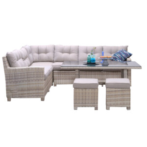 Garden Furniture Set: Blue Bird Outdoor Corner Sofa Set 6-Seater + 1 Dining Table + 2 Footstools, Sand