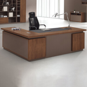 L-Shape Executive Desk + Fixed Pedestal + Side Return With 1 Drawer + 3 Doors, Right; (220x190x76)cm, King Walnut/Kano Grey