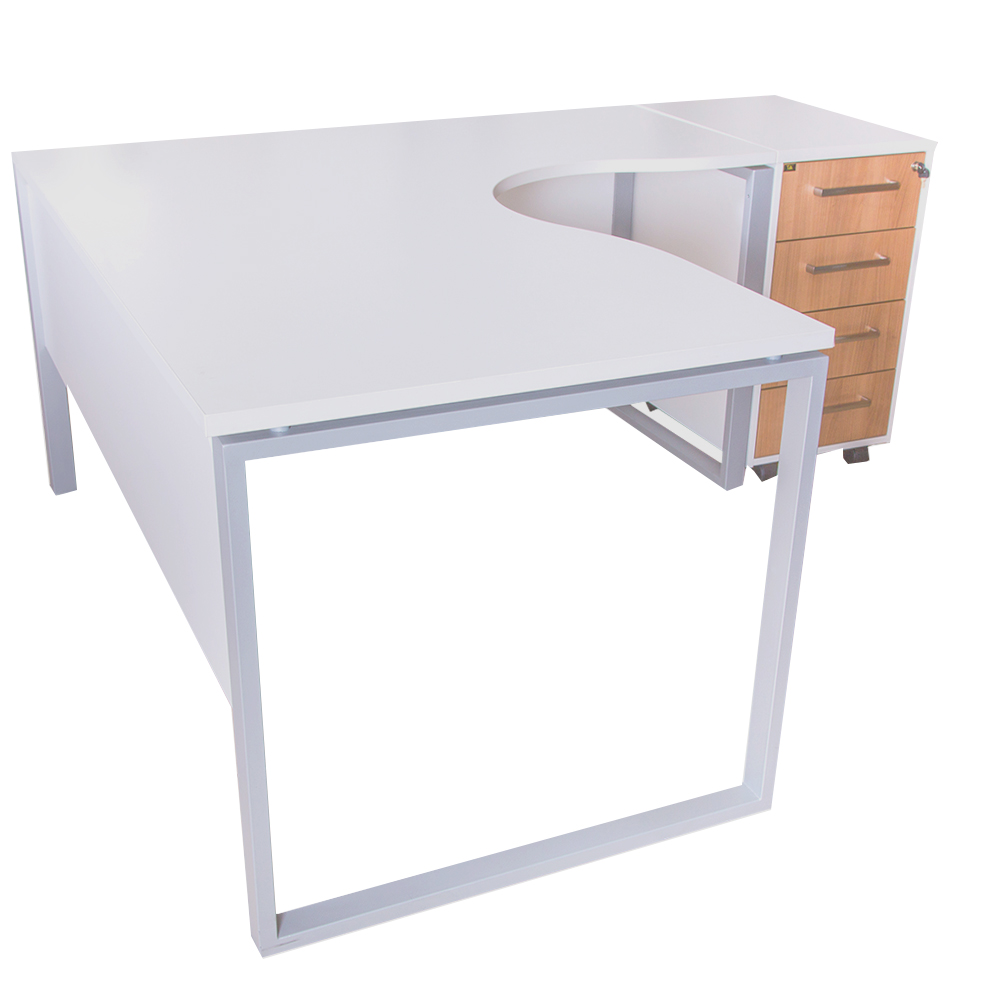 MEX: L-Shape Office Desk + 4-Drawers Mobile Pedestal, White; 160/140x80/60x75cm #BR-01/02-TBR/MP