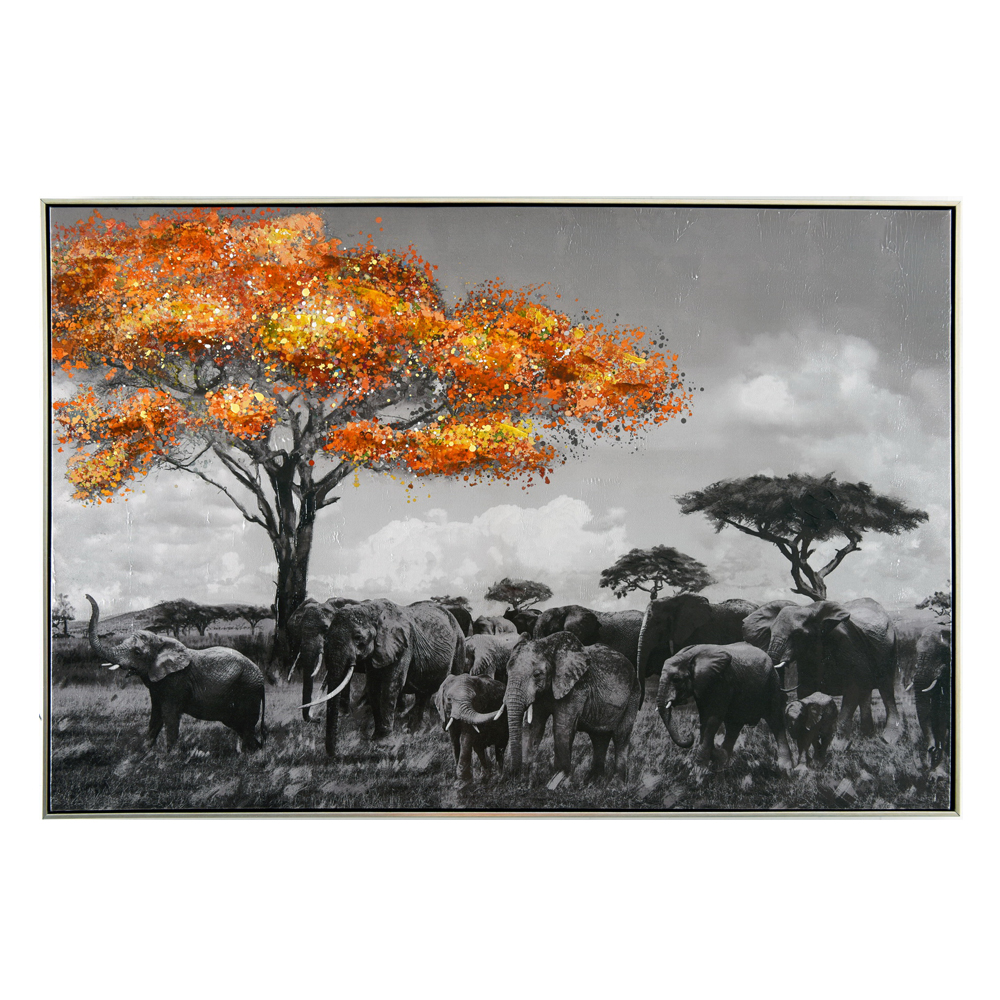 Elephants in the Wild: Oil Painting With Frame : (120x80x2.2)cm