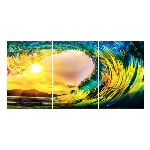 Ocean Wave Sunset: Printed Painting Set, 3pcs + Frame: (90x60)cm