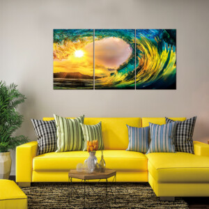 Ocean Wave Sunset: Printed Painting Set, 3pcs + Frame: (90x60)cm