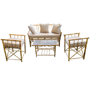 Natural Bamboo Terrace Set: Glass Top Table + 4 Side Chairs With Cushions Ref.BBC-04